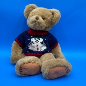 Vintage Teddy Bear with Snowman Sweater‎ Plush Stuffed Animal Toy Christmas